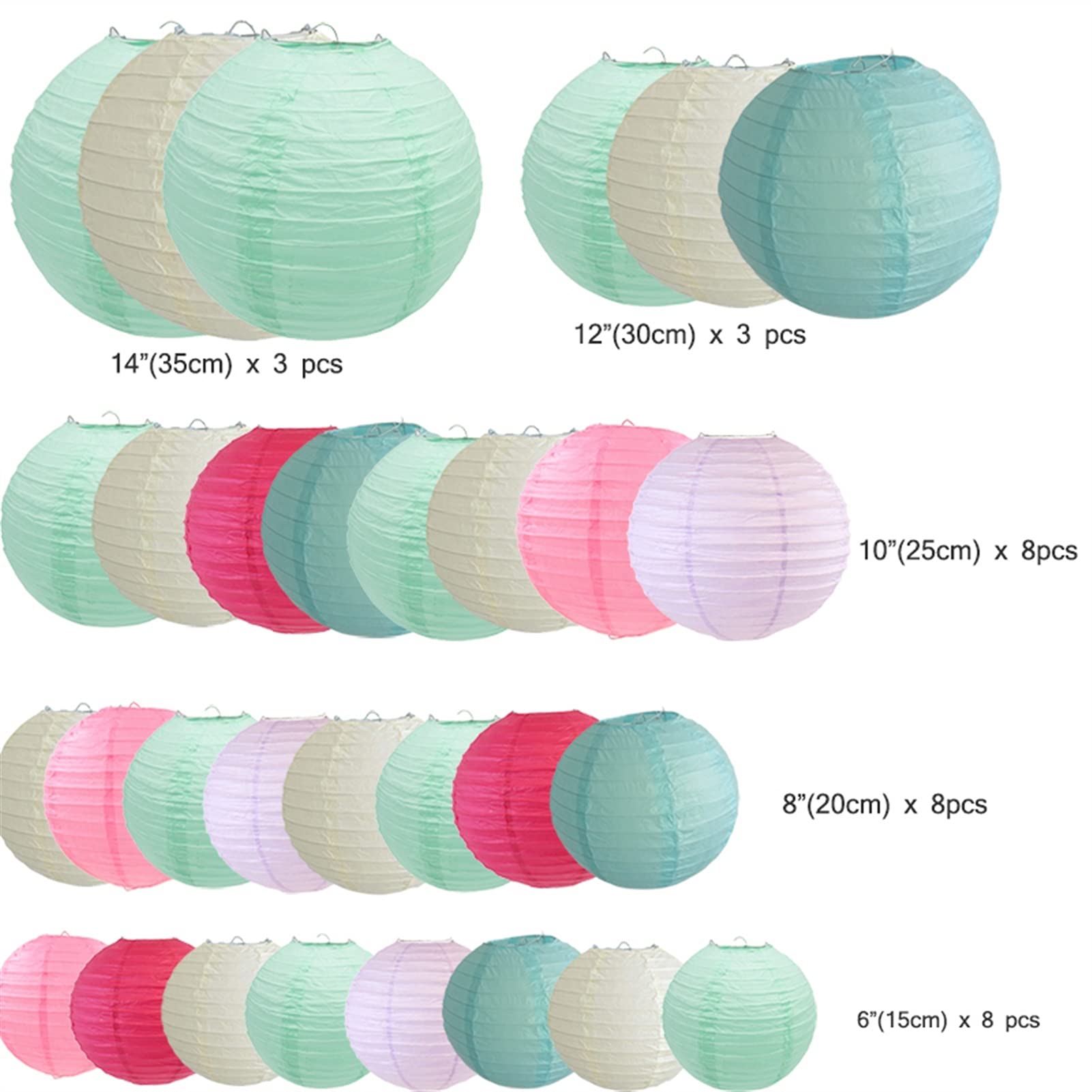 10 Pcs Per Set Peach Paper Lanterns Ball Lampion W 30 stücke papier laterne minze beige gemischt farbe und größe ball lampion hochzeit für party hängende dekor favor