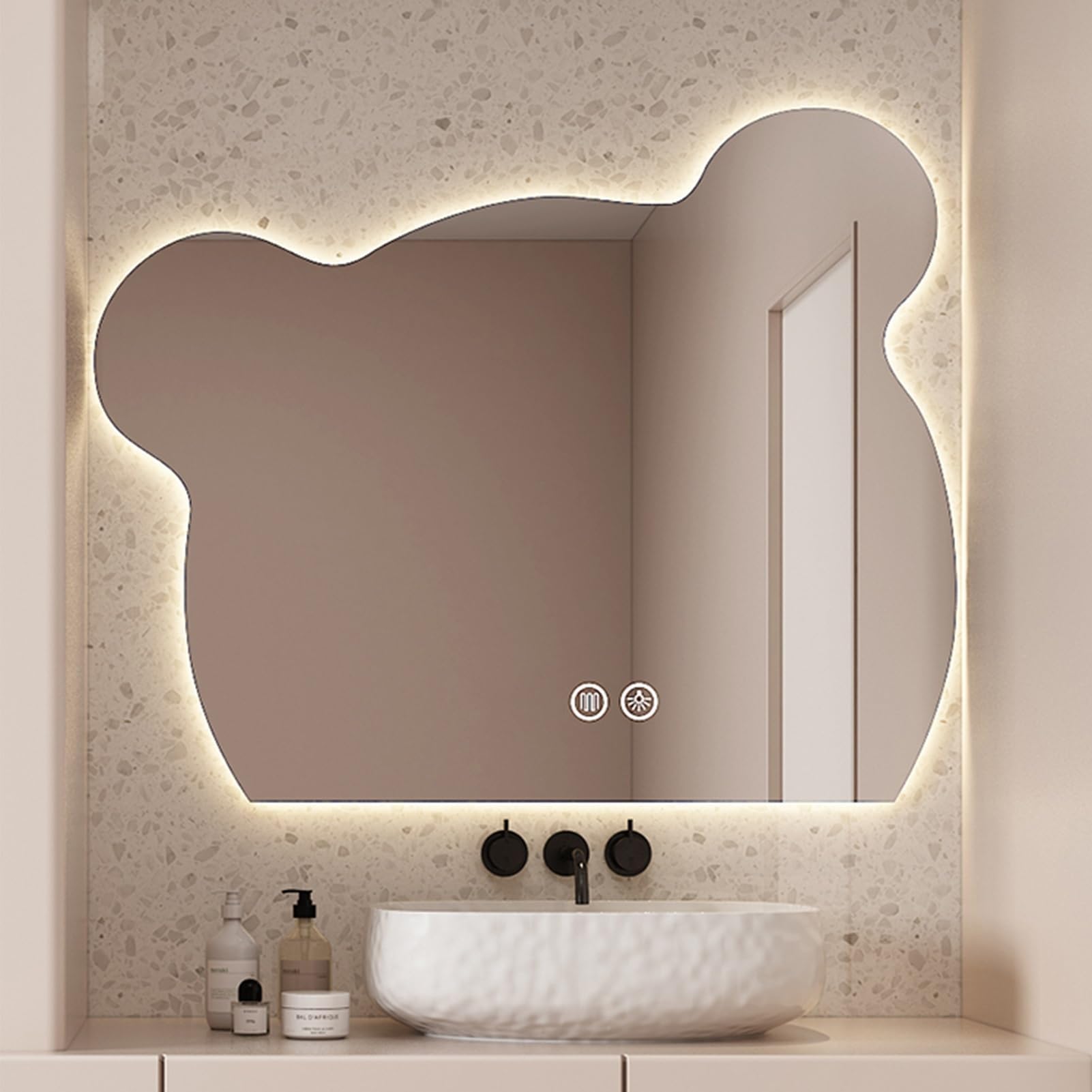 XNSHUNHOYN Bathroom Mirror with LED Lights, Asymmetrical Bear, Illuminated Wall Mirror, Decorative Mirror, Smart Touch Control, 3-Color LED(3000K/4000K/6000K), Large Frameless Mirror,B,29.5"x23.6"/75x