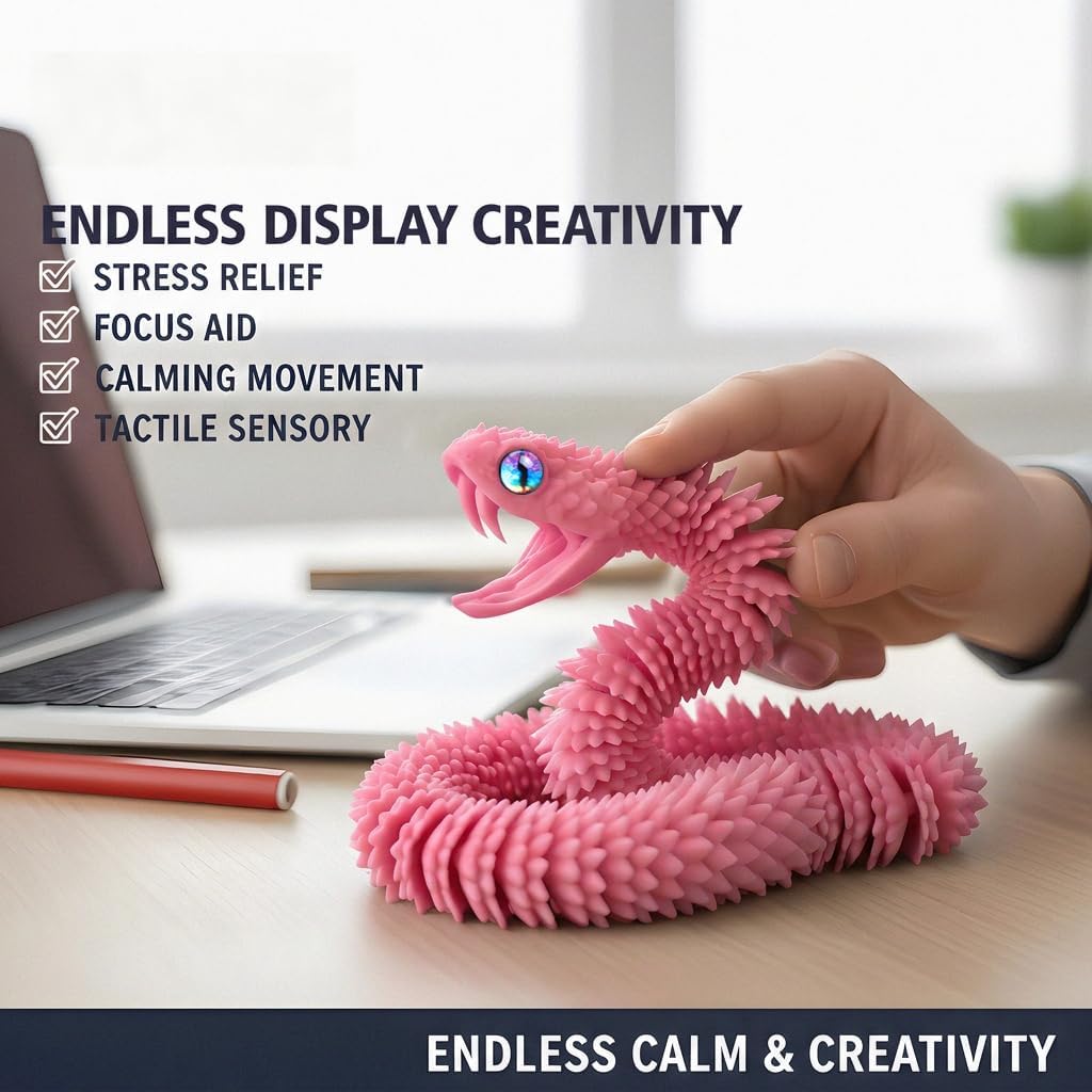 3D Printed Pink Viper Snake, 23" Glow in the Dark Articulated Snake Sculpture with Movable Jaw & Fangs, PLA Desk Decor for Display Shelves & Adult Collectors