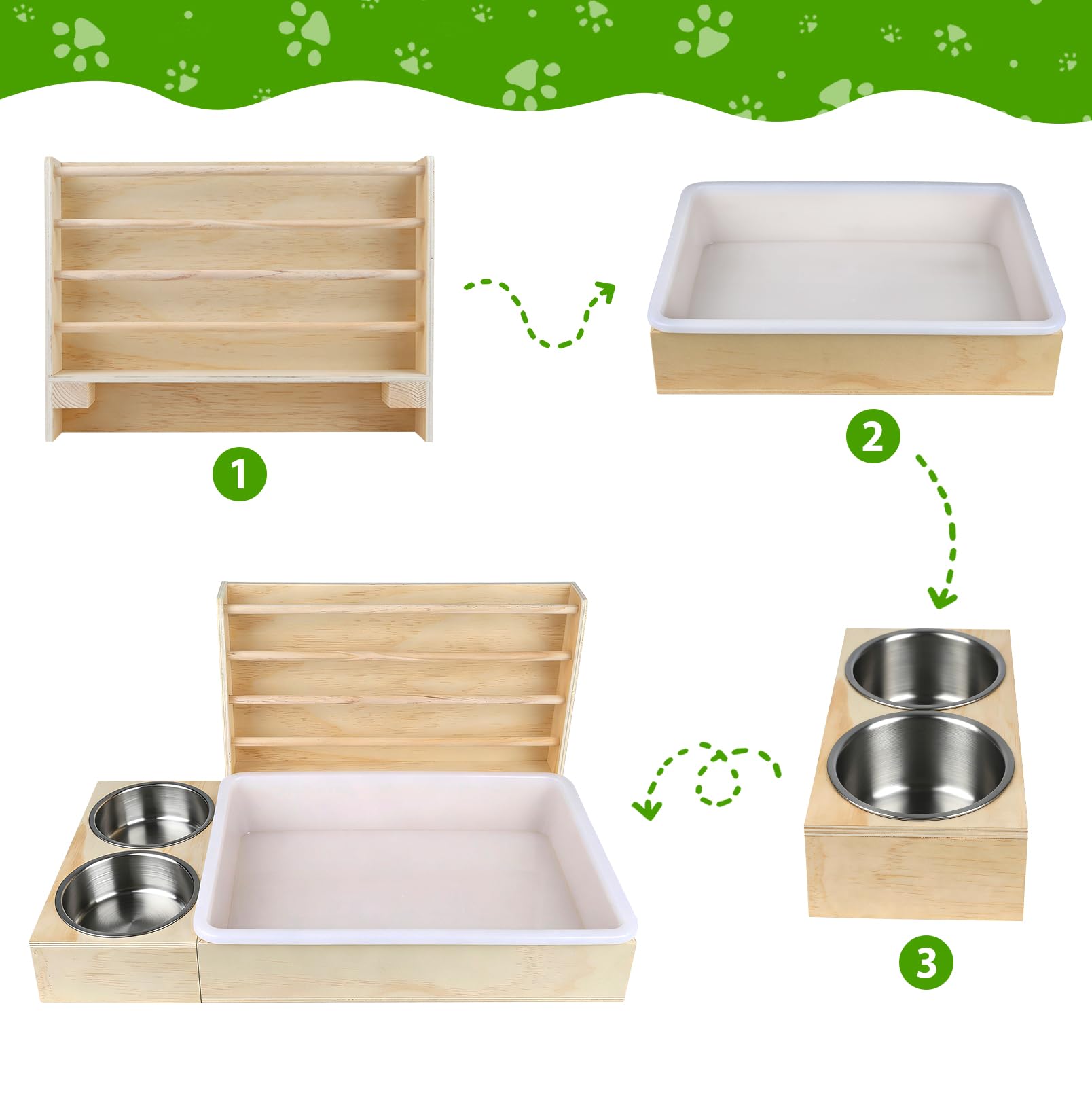 Mangeoire à foin 3 en 1 pour lapin avec bac à litière et bols - Station d'alimentation en bois avec support à foin - Distributeur de nourriture pour lapin - Pour cochon d'Inde, hamster, chinchilla et
