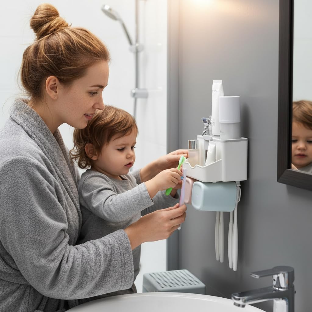 Wall Mounted Toothbrush Holder with Toothpaste Dispenser -8
