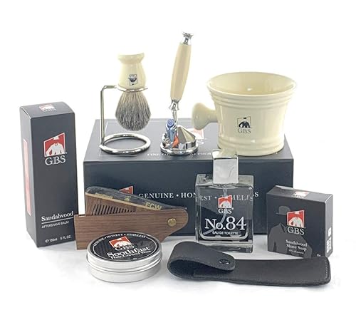 G.B.S Kit de afeitado para hombre, maquinilla de afeitar de 5 cuchillas con soporte, colonia, mango de perilla de taza de afeitar, cepillo de tejón