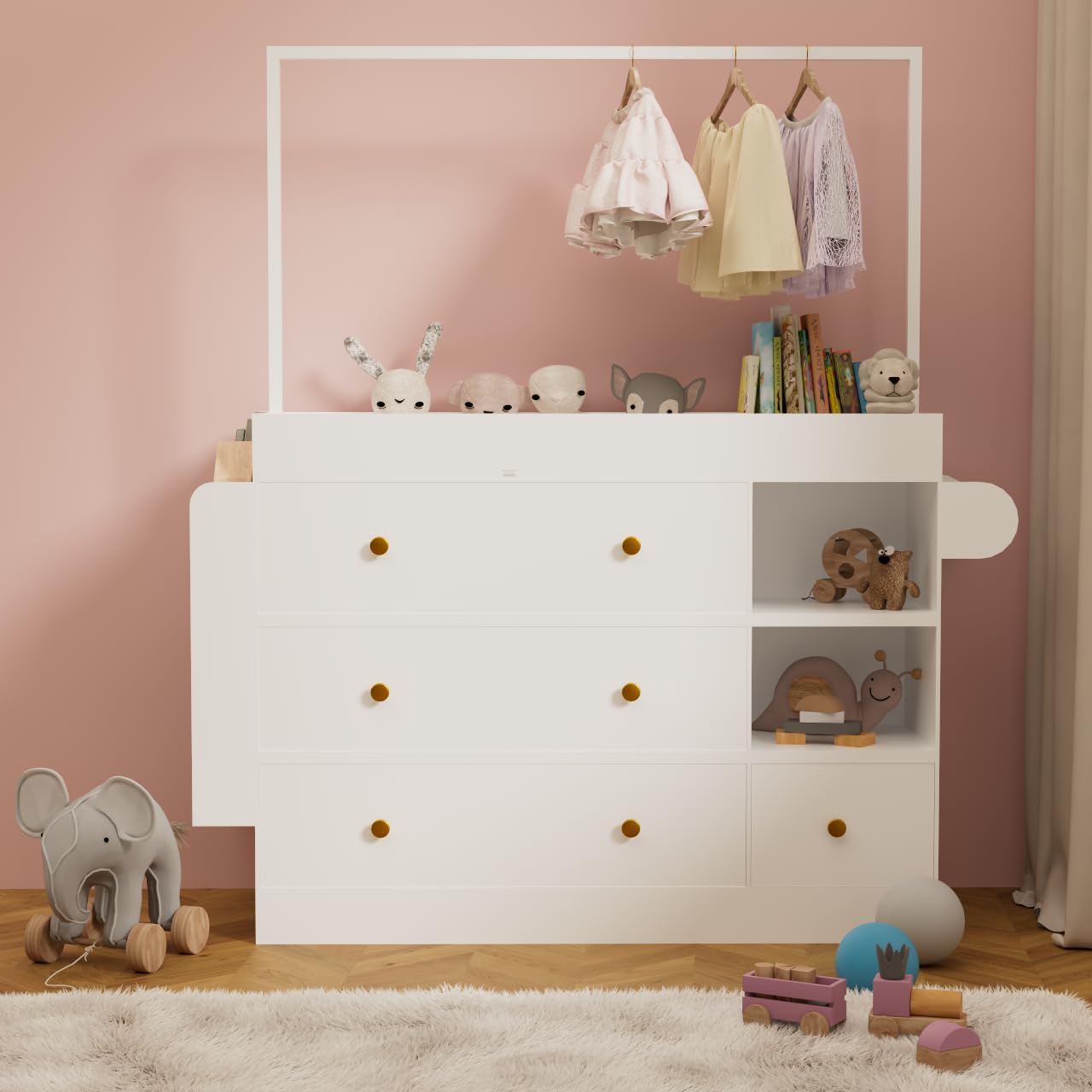 Modern Baby Changing Table with 3 Extra Deep Drawers, Multi Functional Nursery Dressing Table with Storage Shelves Hangers, White Wooden Baby Station with Integrated Drying Rack (1 Drawers + 1