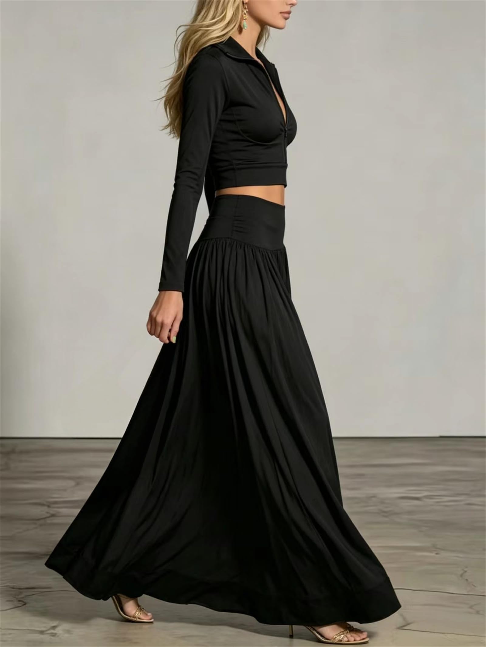 Ensemble Femme Crop Top Zippé Manches Longues Et Jupe Longue