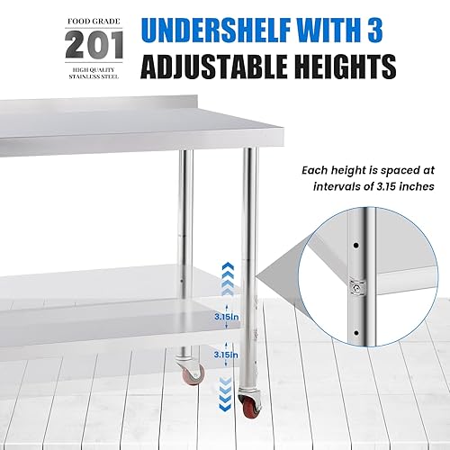 Miniatura 77 de Mesa de acero inoxidable para preparación y trabajo con 4 ruedas giratorias con estante inferior de 24 x 36 pulgadas NSF de metal comercial