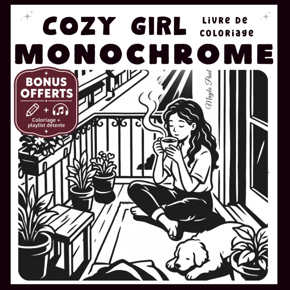 Cozy Girl — Coloriage Monochrome: Scènes mignonnes et anti-stress à colorier avec une seule couleur | Zones indiquées par des croix | Pour Adultes