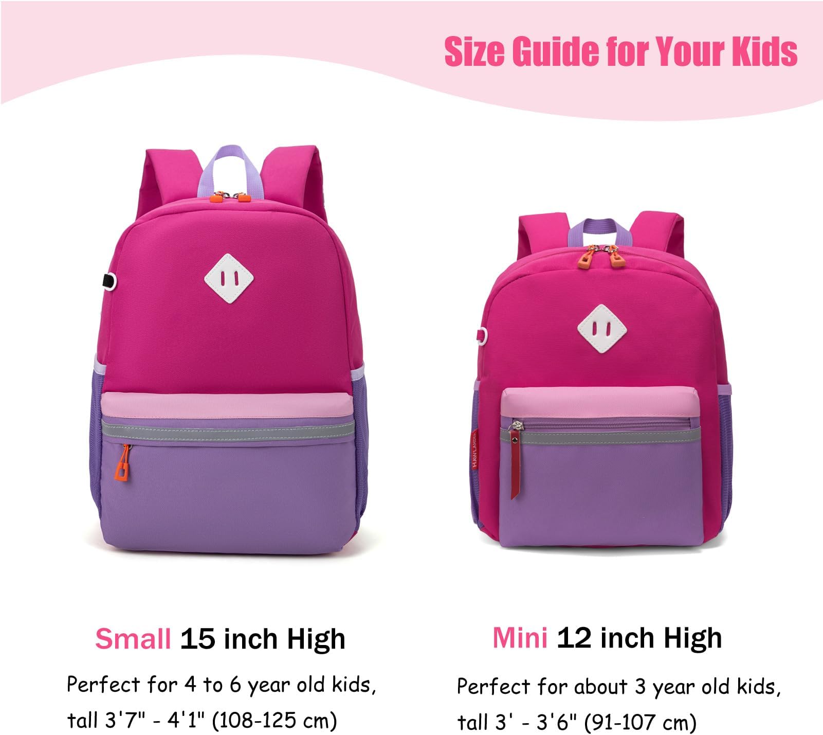 HawLander Little Kids Backpack for Boys or Girls, Toddler School Bag Fits 3 to 6 years old, Rose Purple, 15 Inch