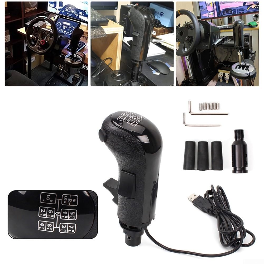 USB 18‑Gang Schaltknauf mit High/Low Range & Splitter – kompatibel mit Logitech G29/G27/G25/G923 Shifter – Plug & Play, nur PC, 3 Funktionstasten, M8/M10/M12 Adapter, für ETS2/ATS, Schwarz