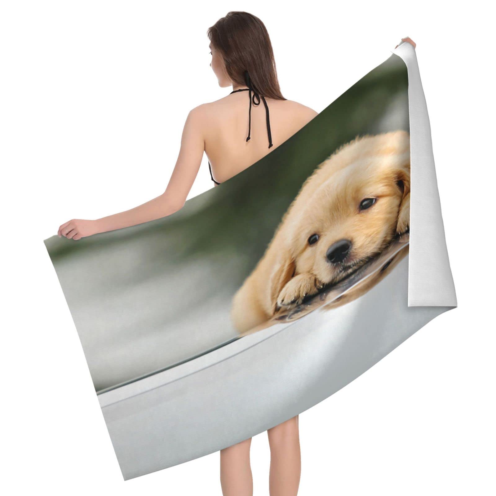 Lawenp Lazy Dog Puppy Beach Towel, Lightweight Sand Free Quick Dry Microfiber Absorbent Bath Towel for Kids, Adults, Swimming, Bath, Yoga, Pool, Travel, Camping 32"X52"