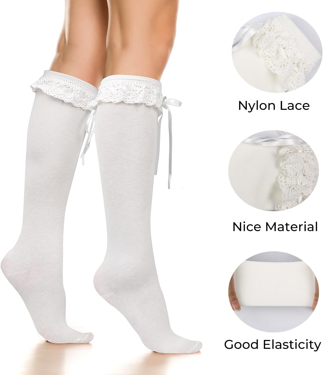 Benefeet Sox Womens Lace Ruffle Knee High Socks Girls Kawaii Lace Top Lolita Stockings Black White Cute Knee High Sock - Image 4