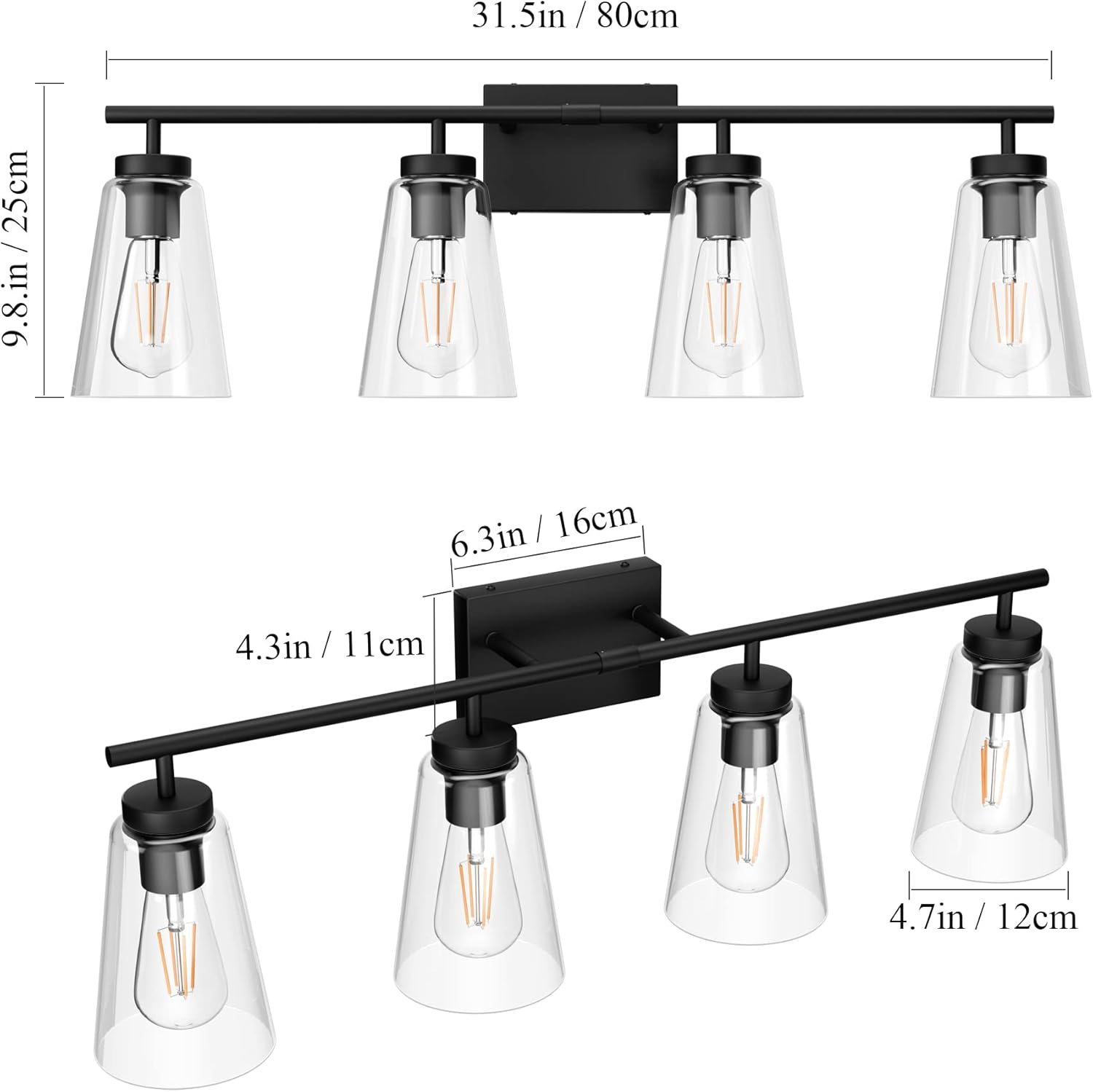 Aipsun Black Vanity Light for Bathroom 4 Light Farmhouse Bathroom Lighting Fixtures Over Mirror with Clear Glass Shade(Exclude Bulb)