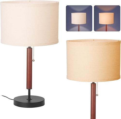 Miniatura 1 de Lámpara de mesa de mediados de siglo, lámpara de escritorio de granja con interruptor de cadena y pantalla de lino, lámpara de noche de metal negro