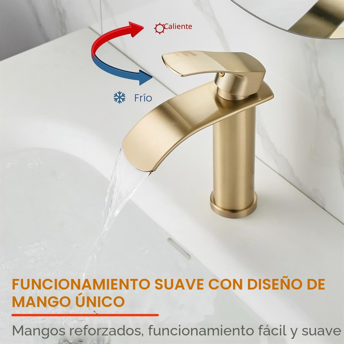 Beelee Grifo monomando de cascada de un orificio para lavabo con conexión de agua fría y caliente G3/8", oro cepillado, grifo moderno para lavabo de baño