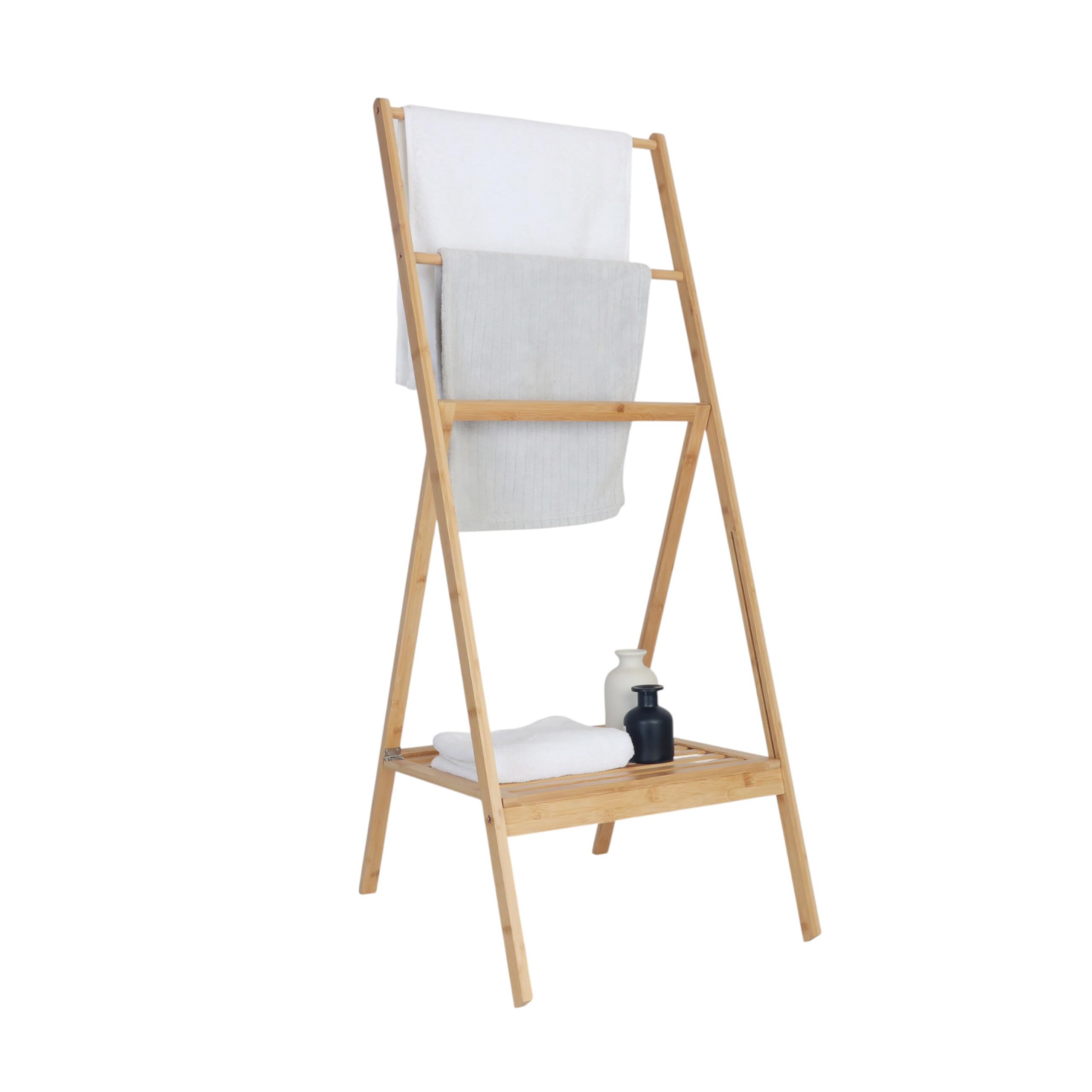 Relaxdays Toallero de bambú, Plegable, con Estante, 3 Barras, 112 x 55 x 44,5 cm, Soporte para Toallas, Color Natural