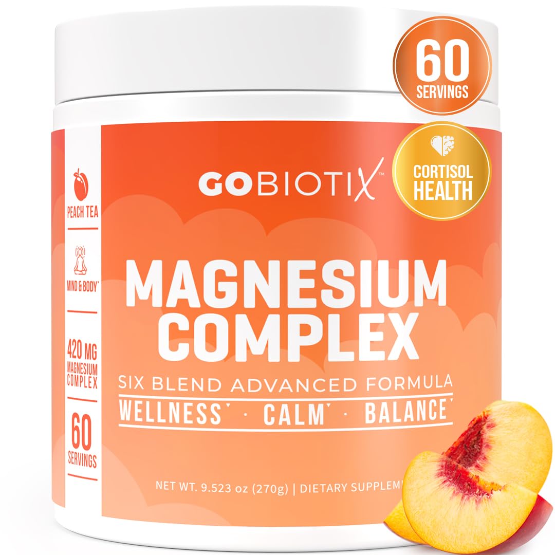 GoBiotix Magnesium Glycinate Powder – Cortisol Supplements for Women and Men – High Absorption Magnesium Complex Calm Supplement with Citrate, Malate – Sugar Free – 420 mg, 60 Servings - Peach Tea
