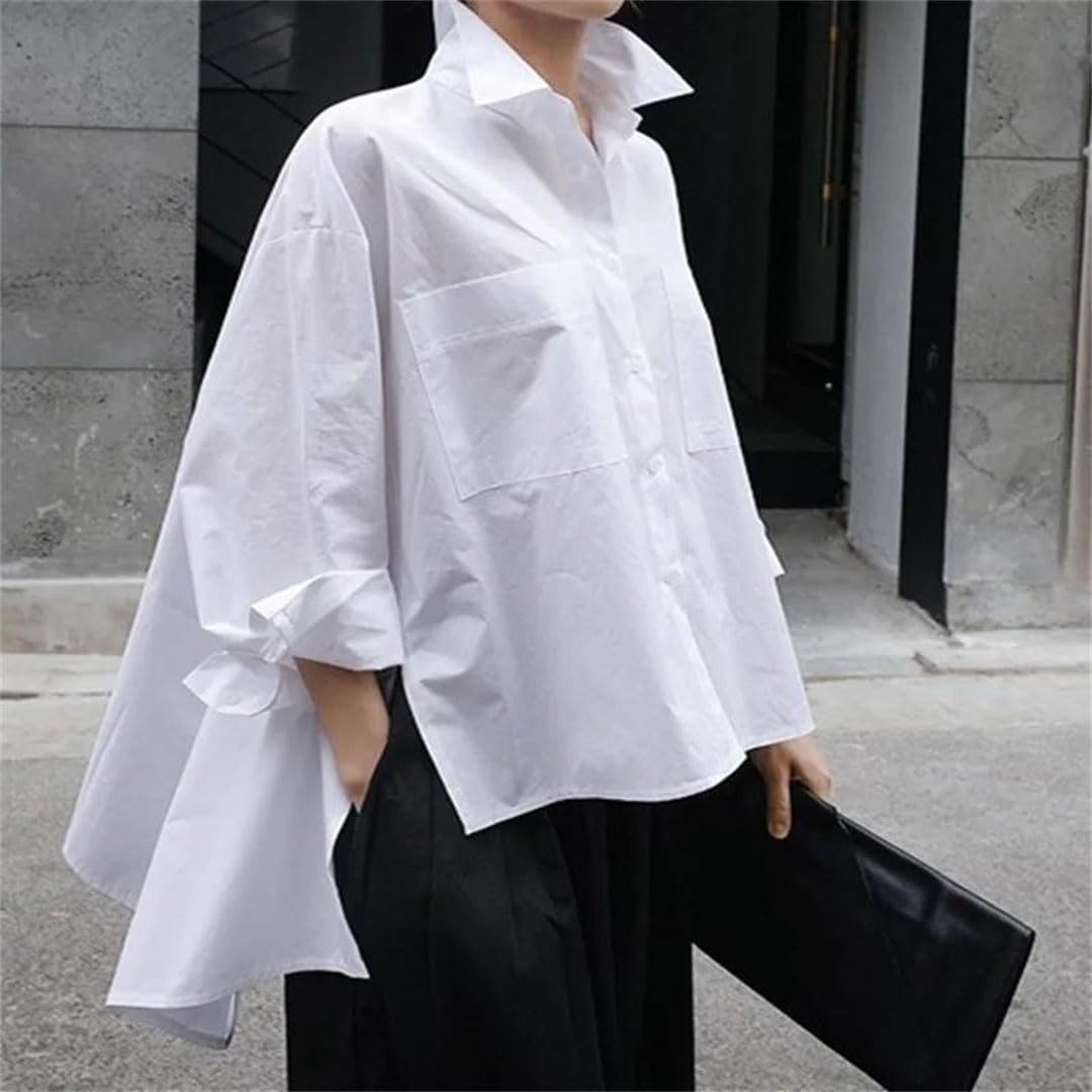 Solid Loose Lapel Blouse Chic Casual Long Sleeve Split Tops