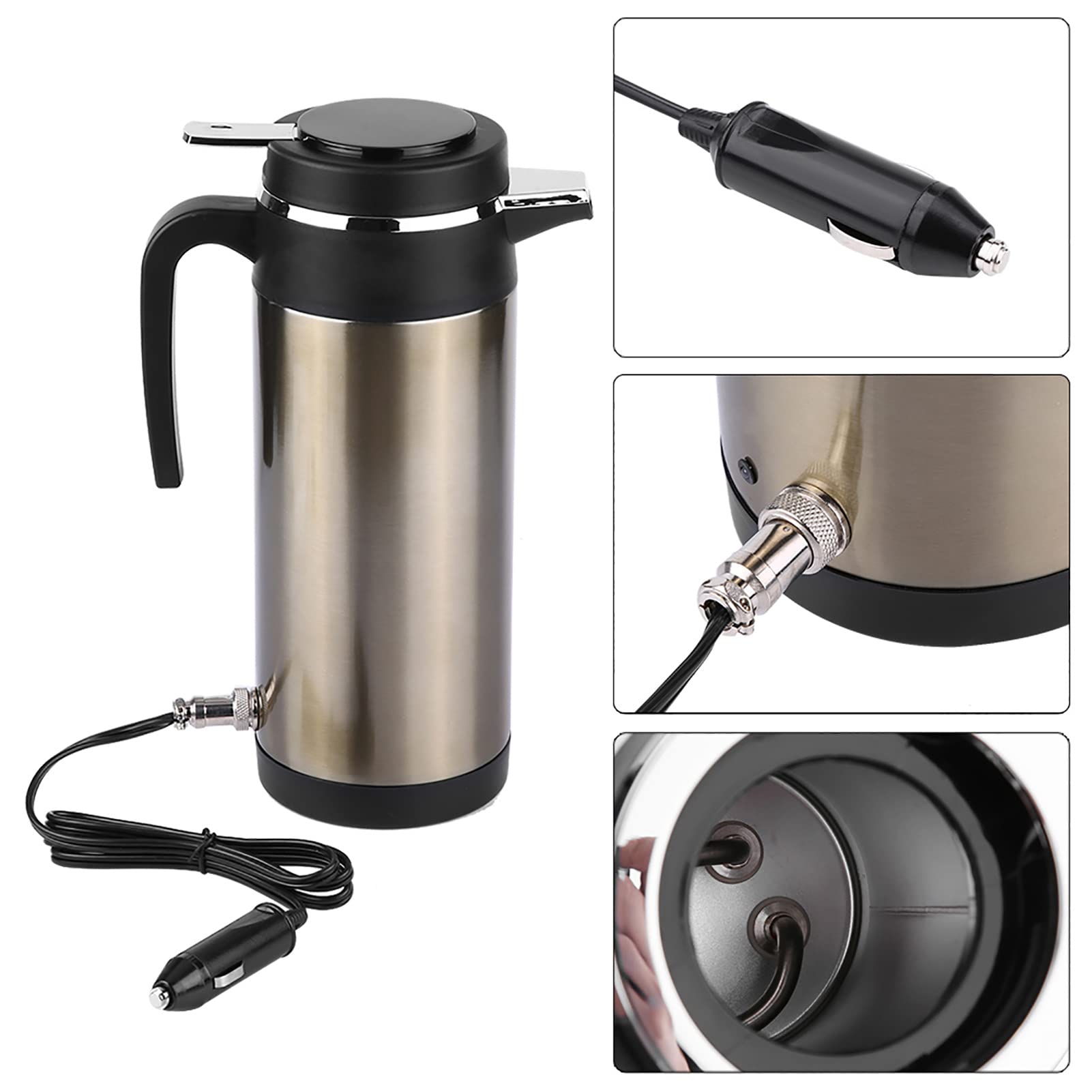 Stainless Steel Electric Car Kettle Travel Thermoses Heating Water Bottle 1000ML 12V/24V (12V)