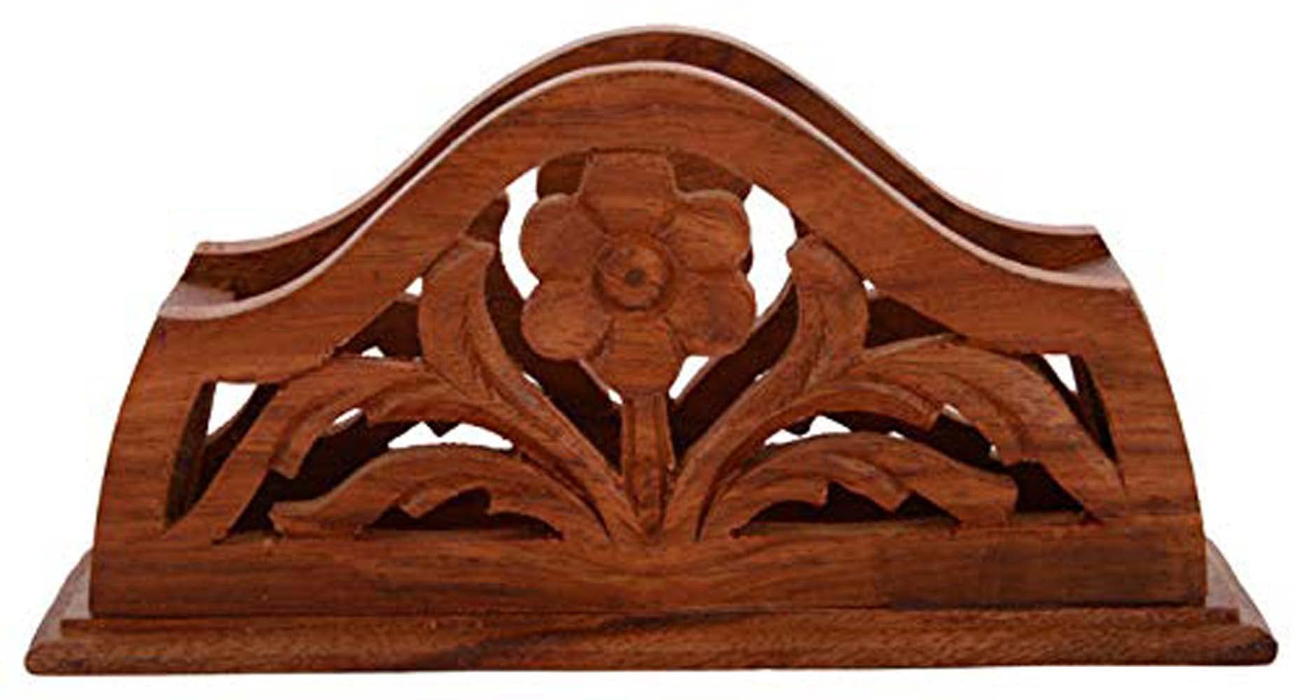Zyntix Wooden Handmade Tissue Holder, Paper Holder, Multi Holder for Office Use Carved Flower Napkin Holder Tissue Paper Holder for Dining Table Home Paper Napkin Holder Brown