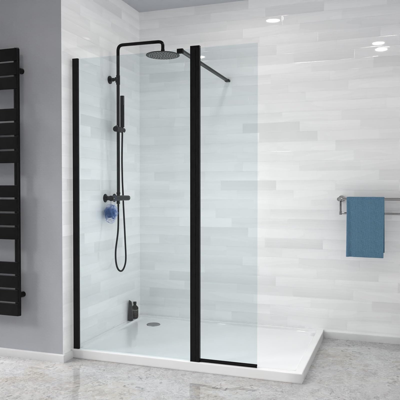 Nes Home Black 700mm Shower 8mm Tempered Glass Screen with 300mm Flipper Panel