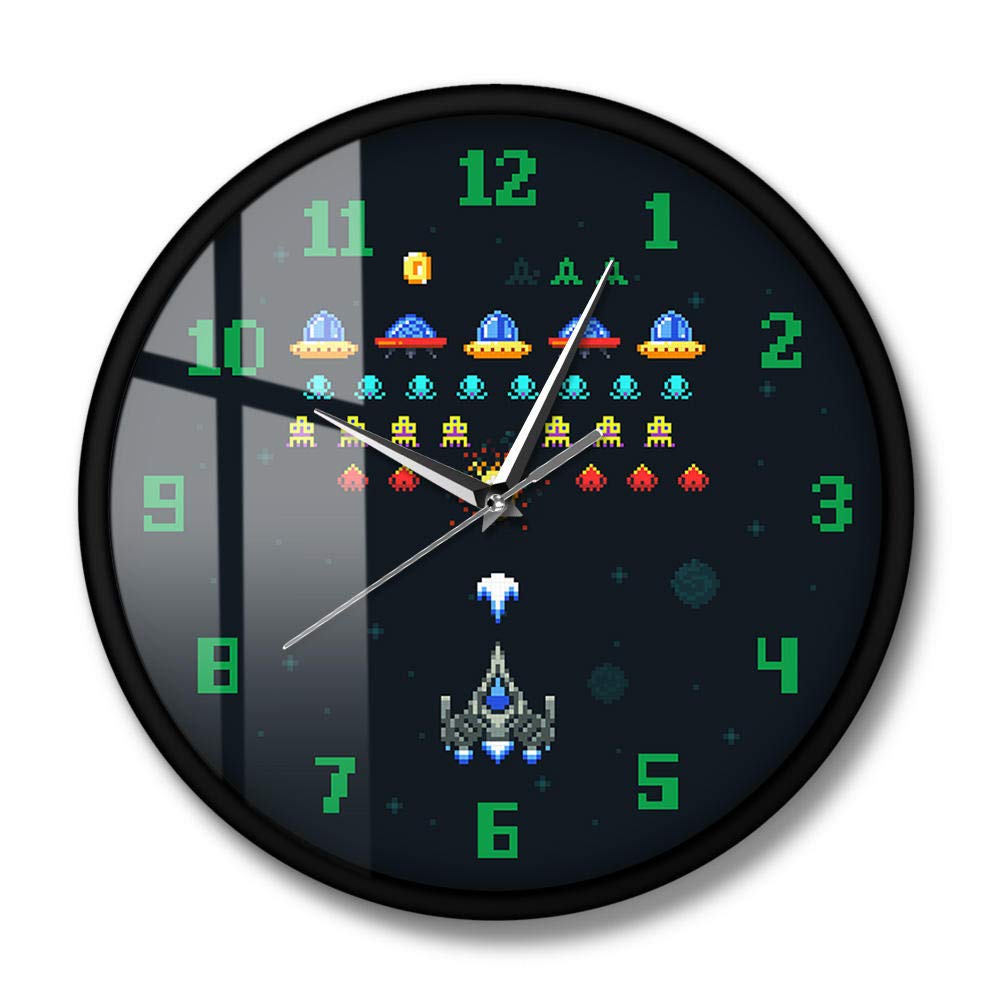 Videogioco vintage Space Alien Invader Pixel Spaceship Kids Game Room Orologio da parete Arcade Videogioco Orologio da parete in acrilico stampato-Metal_Frame_with_acrylic_glass