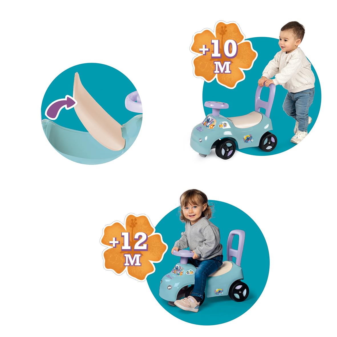 Smoby - Stitch - Auto cavalcabile - Ausilio per camminare - Volante - Vano portaoggetti sottosella - Dai 10 mesi - Prodotto in Francia