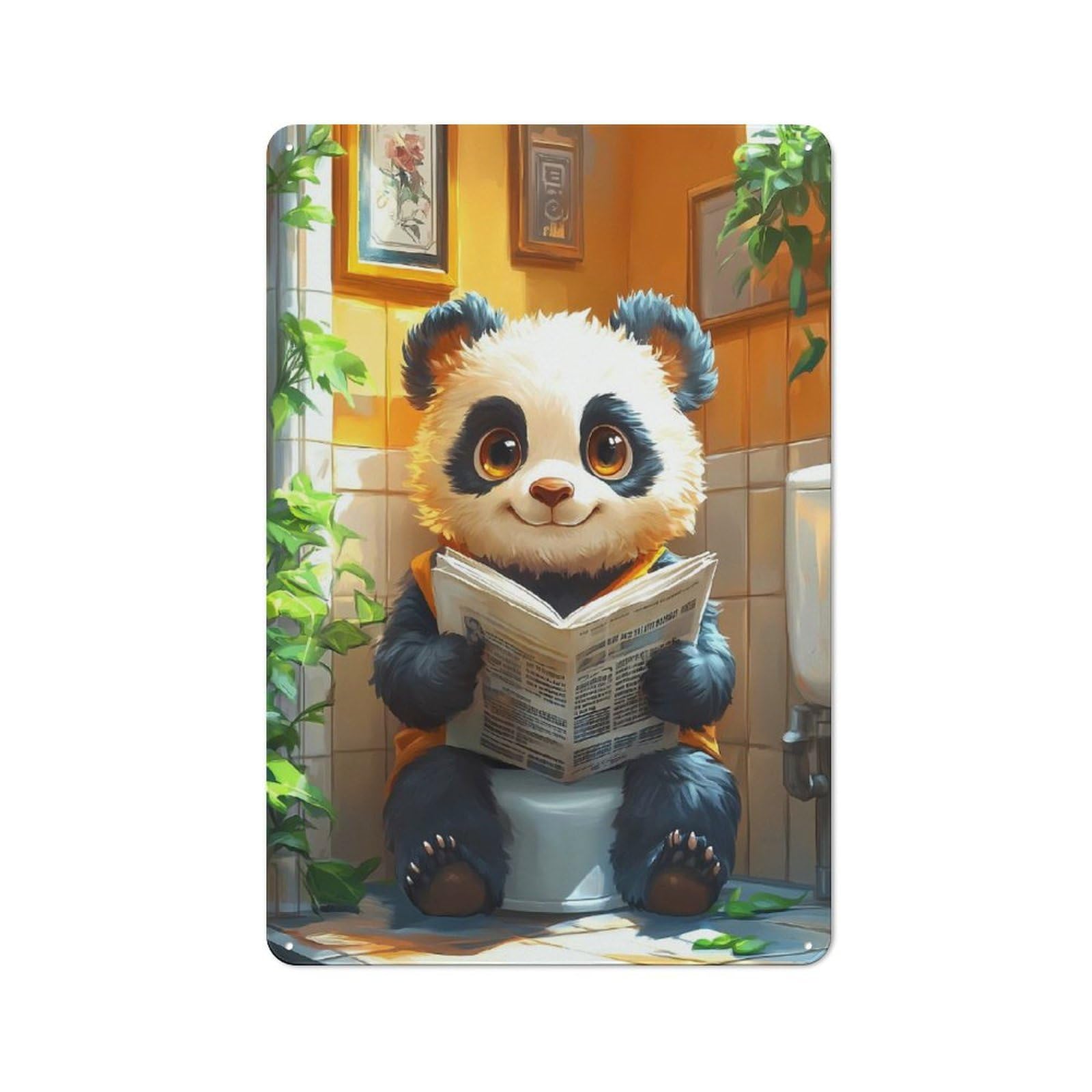 Junmoney Panda Reading Newspaper On Toilet Rustic Tin Wall Plaque 30X20cm Featuring For Pub Or Café, A Decorative Christmas Gift For Café Interior Fans