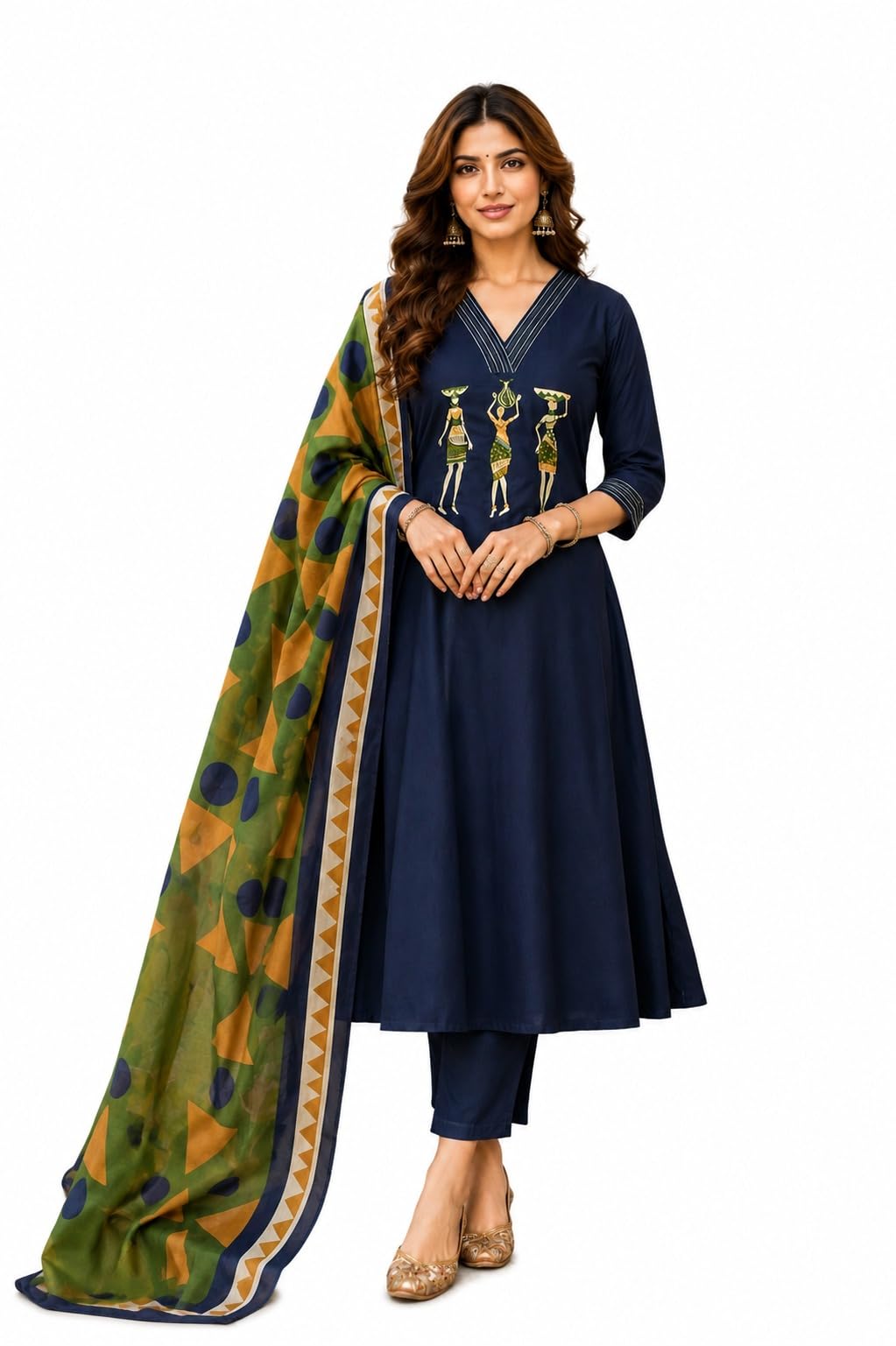 Blue Printed Dabu Cotton Straight Kurta with Palazzo Pant & Dupatta Set for Women | Ethnic Wear | Round Neck | 3/4 Sleeves | Casual, Office, Festive & Daily Wear-image-30