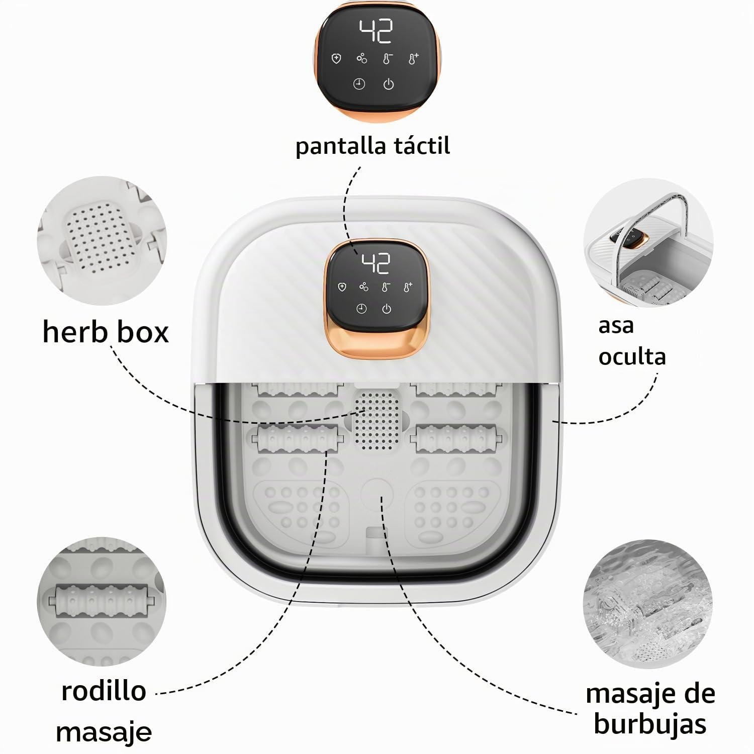 Bañera Spa Masajeadora de Pies Plegable con Calentamiento, Hidromasaje Para Pies 12 Niveles de Temperatura Ajustable, Esterilización UV Pantalla Táctil LCD Impermeable