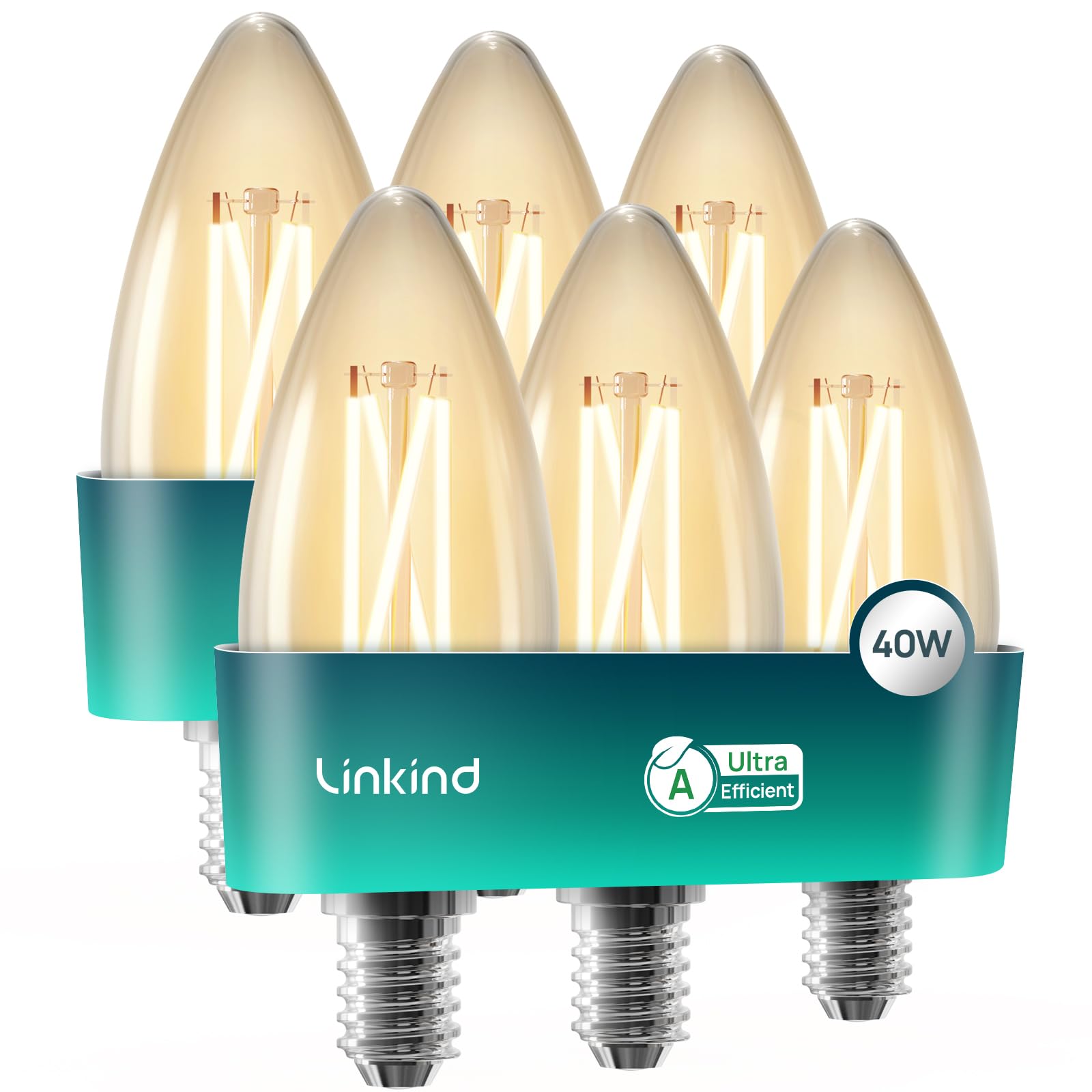 Linkind E14 LED Glühbirne mit Klasse-A, 3W, 470Lm 2700K Warmweiß B35/C35 Filamentoptik, Nicht dimmbar 320° Kerze Lampe Kronleuchter mit 50,000Std. Leuchtdauer