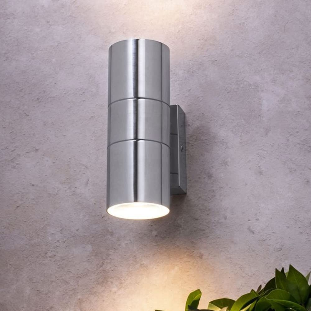 Manningham Lighting Modern Double Up Down Outdoor Stainless Steel Brushed Chrome Long Life Wall Light GU10 IP54 Spot Garden