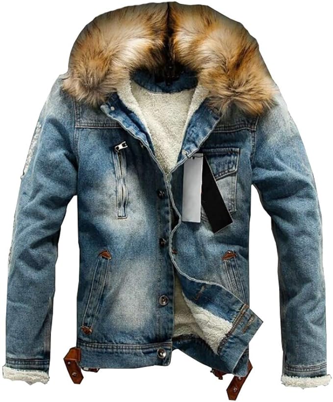 Amazon L Z L メンズ デニムジャケット 裏ボア 毛襟付き フォックスファー 秋冬 厚手 デニム パーカ ショート丈 デニムコート メンズジャケット スプリングコート ジージャン Gジャン 防寒ジャンパー ブルー 6xl コート ジャケット 通販