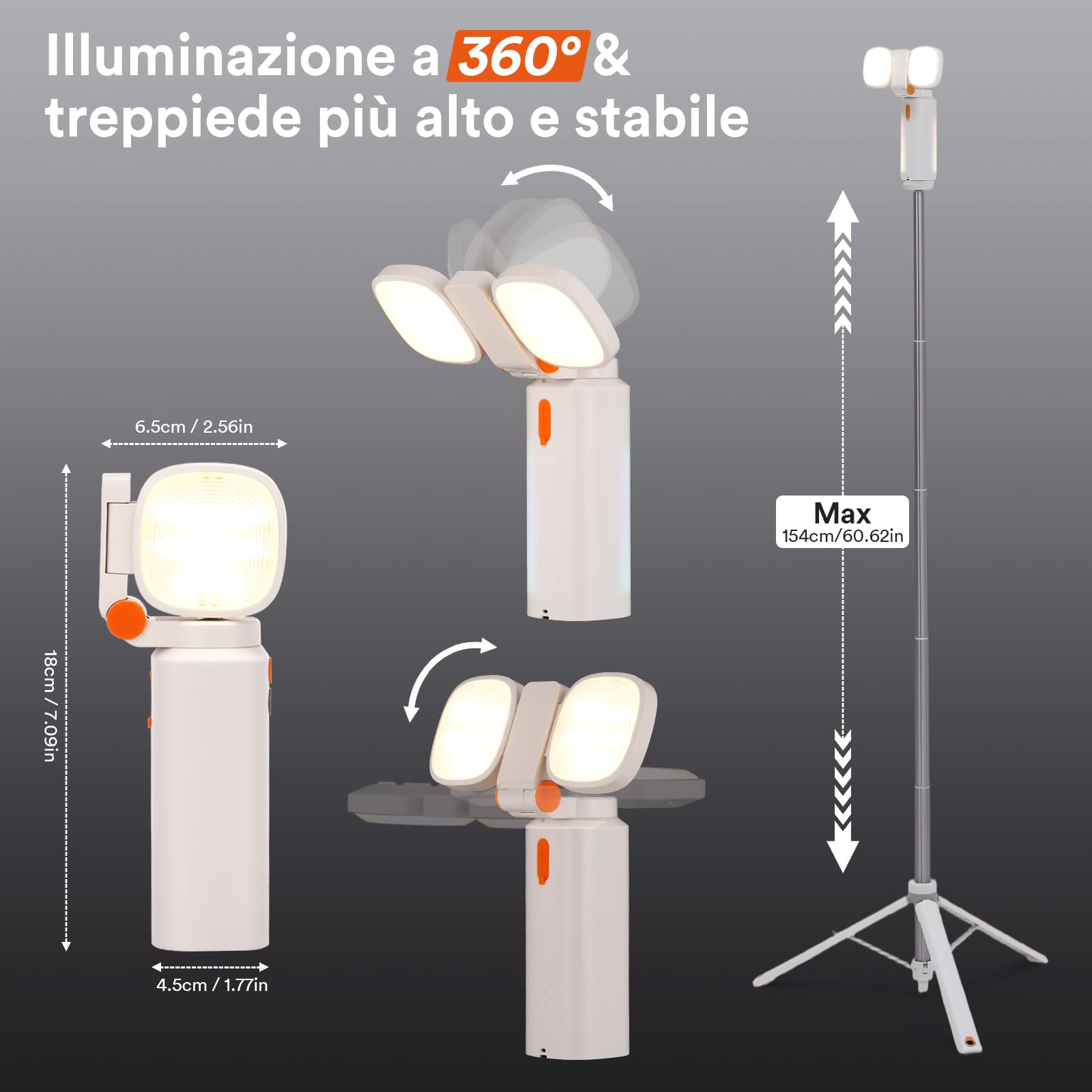 Tomshine Lampada da Campeggio LED con Treppiede IP54 | Faretto LED 2000LM Ricaricabile, 10000mAh Fino a 120h, Powerbank 5V 2A, Doppi Pannelli Orientabili 360°, 10 Modalita RGB