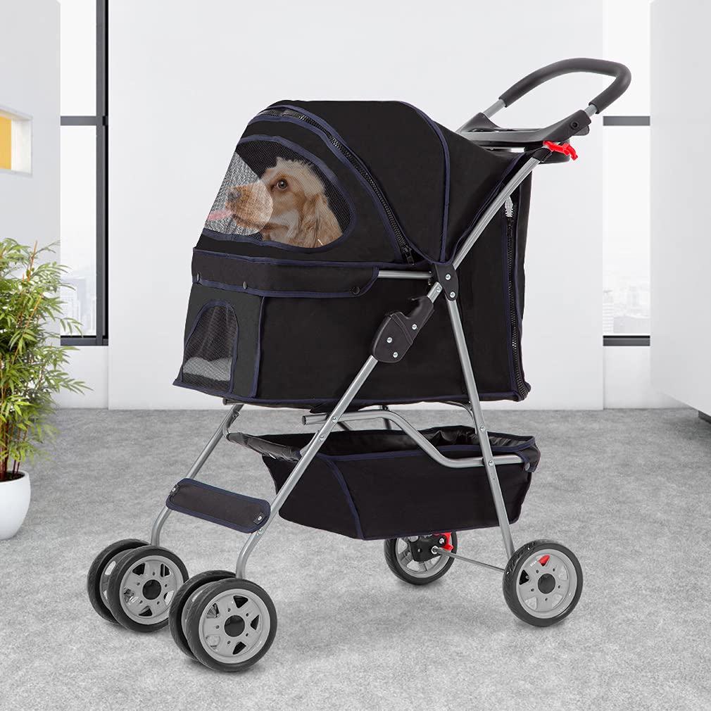 BestPet 4 Wheels Pet Stroller Cat Dog Cage Stroller Travel Folding Carrier with Cup Holders, Large Storage Basket, Weather Cover Removable Liner for Small-Medium Dog, Cat,Black