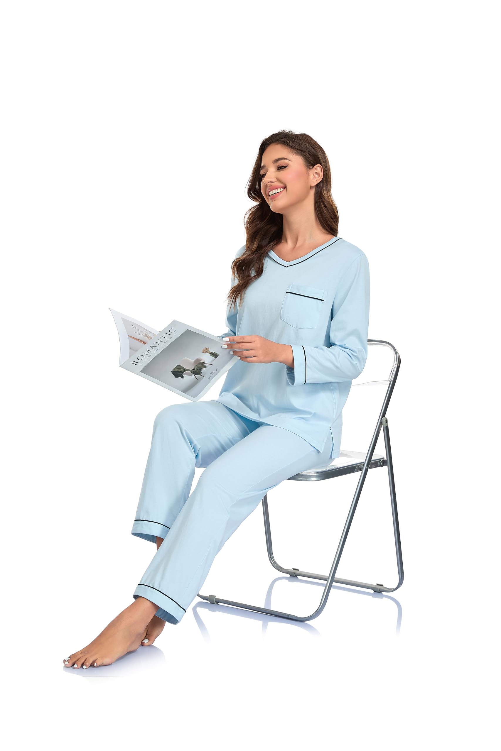 Damen Baumwolle Schlafanzug Langarm Pyjama Set mit Hose