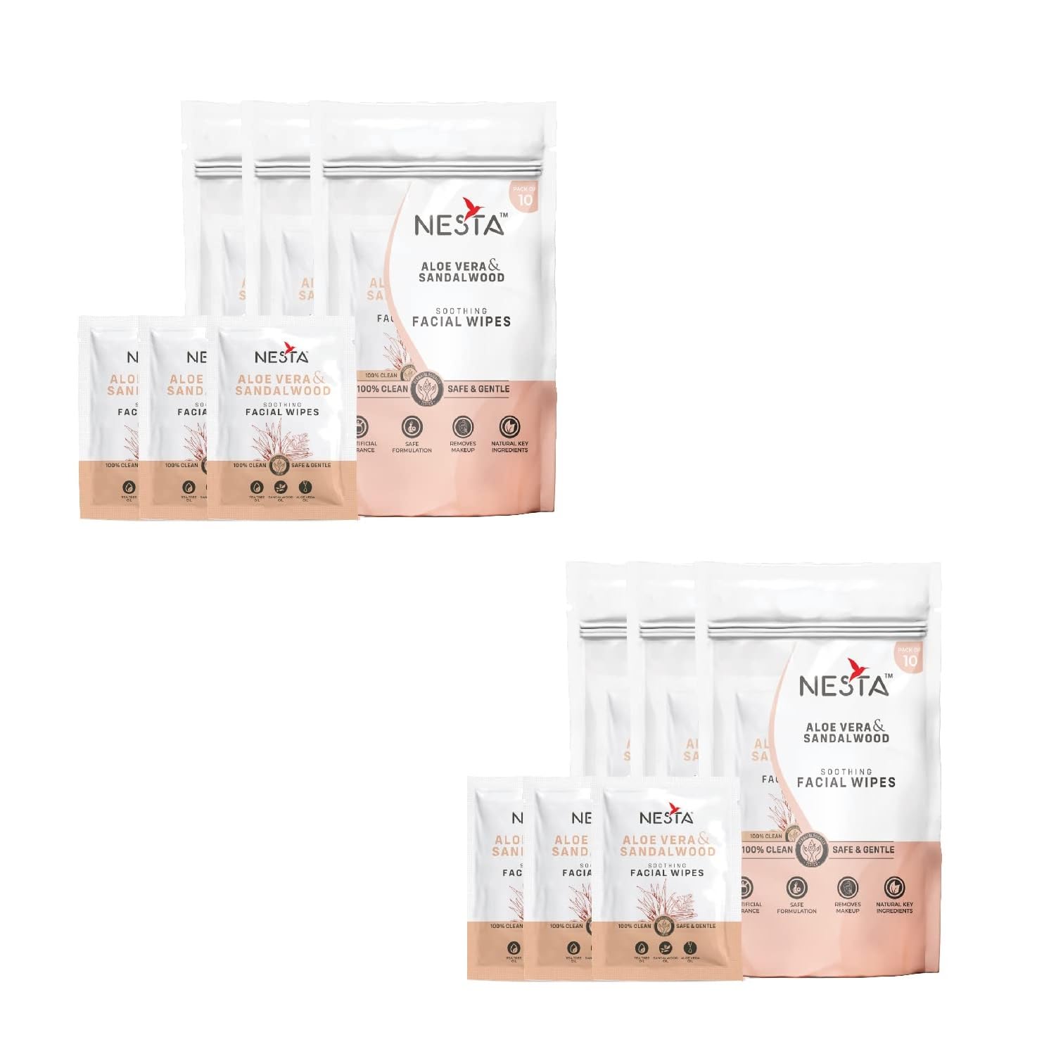 Nesta Soothing Single Sachet Wet Wipes with Extra Moisturizers - 10-IN-1 Pack, No Artificial Fragrance, Natural Cleansing & Hydrating Face Wipe (Sandalwood Set of 6)