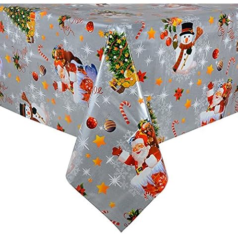 PVC Tablecloth Christmas Eve Silver 1 Metre (100cm x 140cm), Snowman Santa Baubles Presents Xmas Tree Bells Holly Star, Grey Off White Red Yellow Green, Vinyl/Plastic Table Cloth Cover