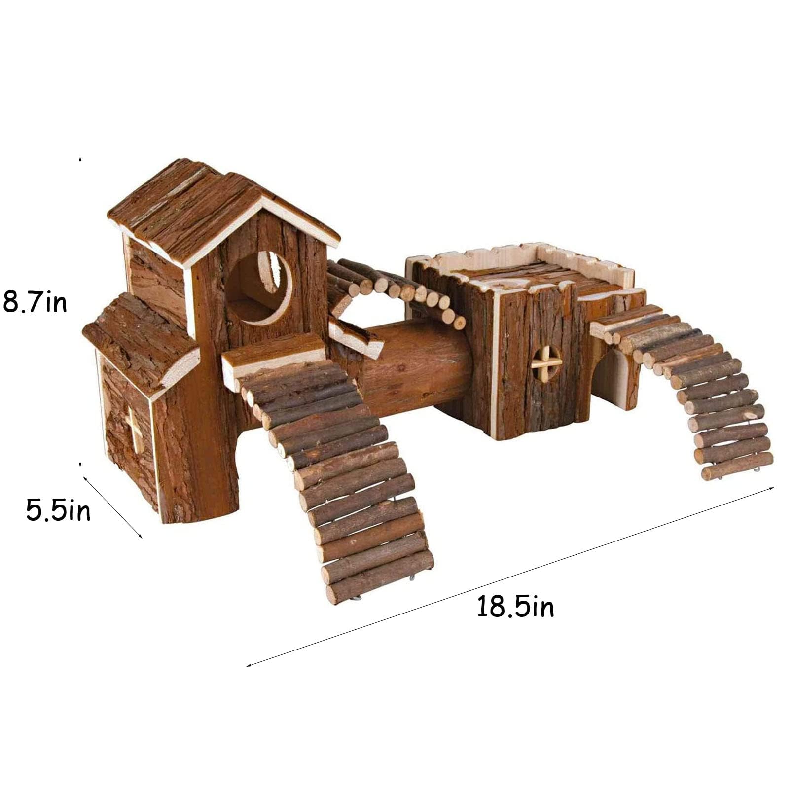 Hamiledyi Natürlicher Holz-Hamster-Tunnel, Spielplatz, Kleintiere, Mehrraum-Versteckhäuser, Häuser mit Kletterleitern und Brücke für Zwerghamster, Mäuse und andere Kleintiere, 47 x 22 x 15 cm