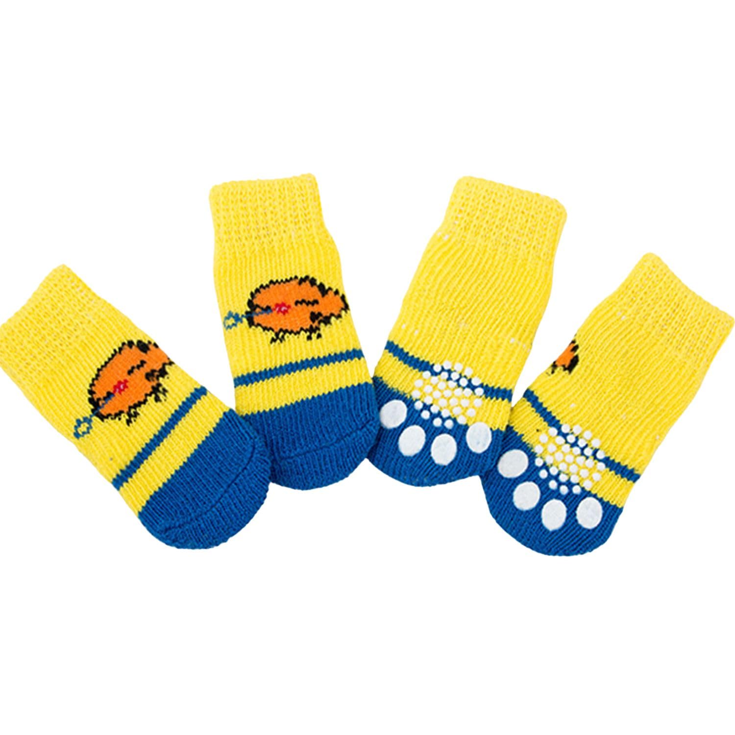 MeiAOBest 4PCS Pet Socks,Cute Knitting Anti-Slip Cat Dog Floor Socks Paw Protectors Cove for Indoor Outdoor Hot Pavement Hardwood Floor Protection_L(Yellow Chicken)