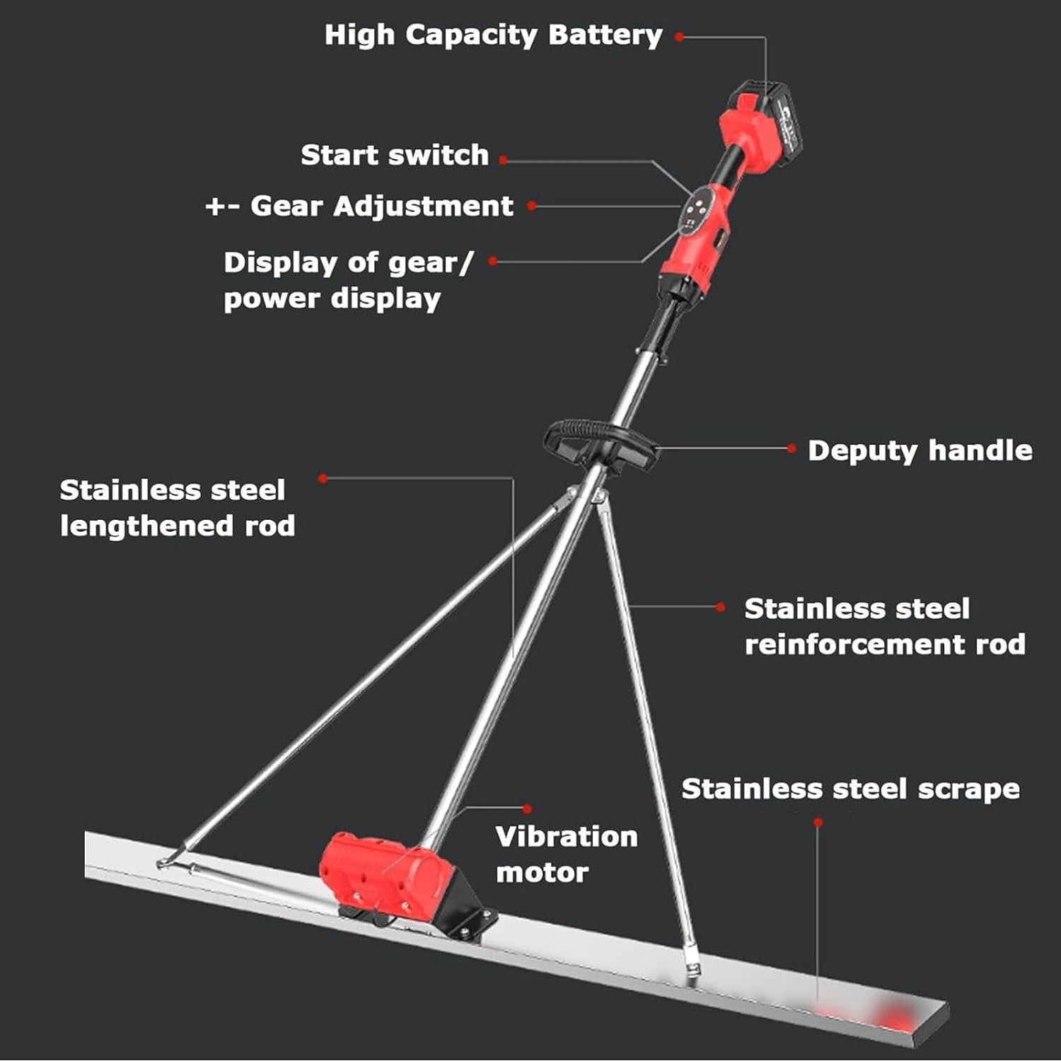 Outil vibrant pour béton,kit vibrant pour chape en béton électrique,règle de nivellement de surface en béton alimentée par batterie, Structure Fixe Triangulaire pour Chape en béton ,1.2M,2battery