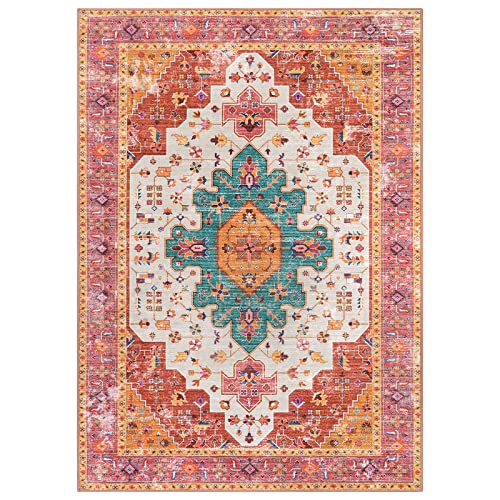 Moynesa Ultra-Thin Washable Vintage Area Rug - 5x7 Large Bedroom Boho Non-Slip Non-Shedding Living Room Mat Oriental Medallion Floor Carpet for Kids Nursery Room Office, Pink/Teal/Multi