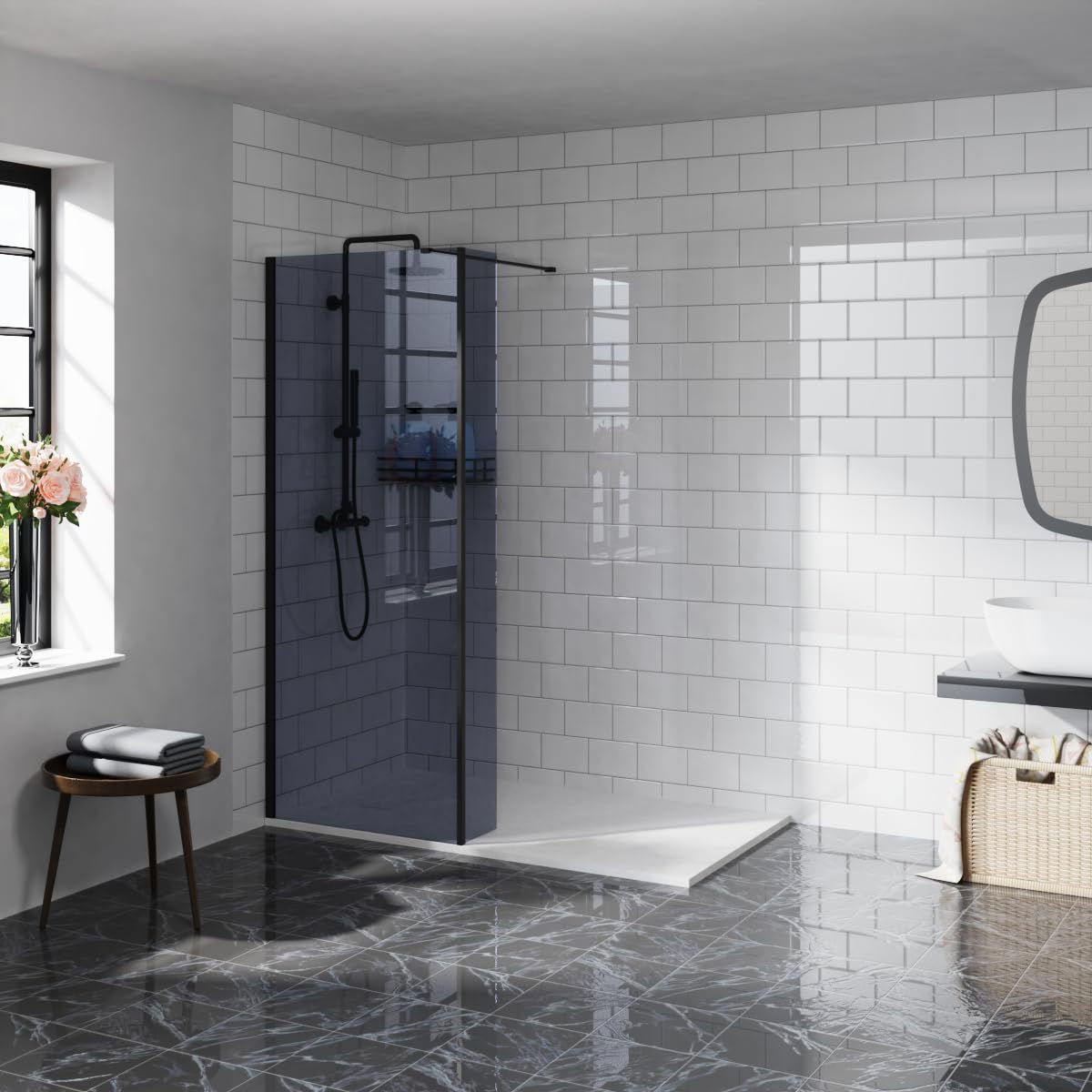 Aquariss Black 900Mm Grey Glass Walk In Shower Screen With 300Mm Return Panel