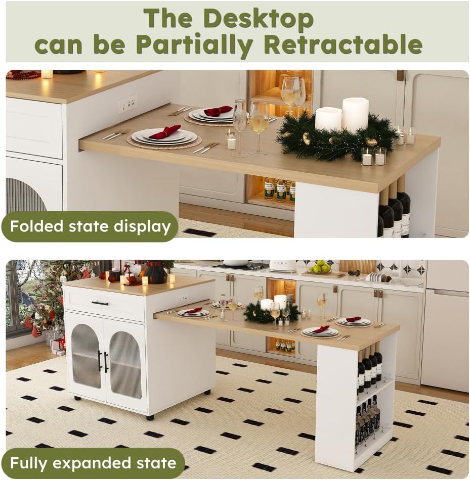 Lispin 80-inch Expandable Kitchen Island with Dining Table, Marble-Grain Countertop with Power Outlet, Mobile Storage Cart with Cabinet & 2 Drawers, Kitchen Prep Table (White + MDF)