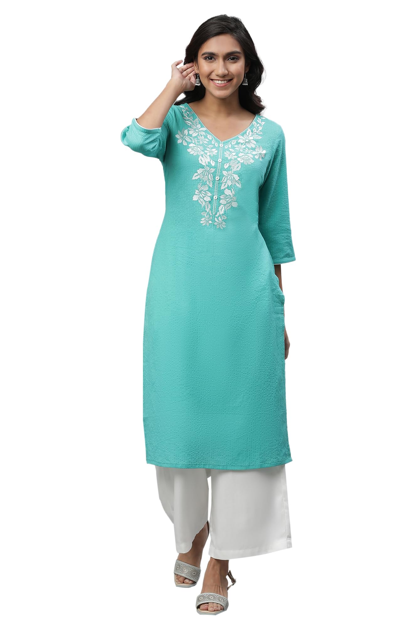 Aurelia Teal Embroidered Seer Sucker Kurta in teal