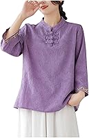 TANGNADE Women's Retro Chinese Frog Button Linen Blouse Mandarin Collar Embroidery Long Sleeve Trendy Top