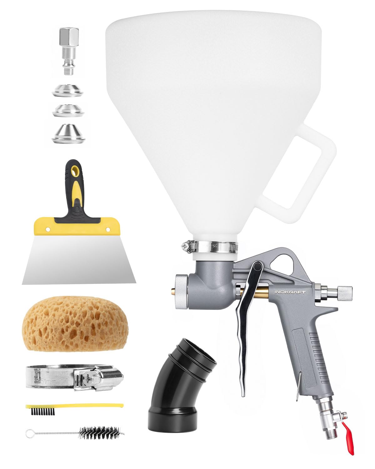InoKraft TexCraft Drywall Texture Spray Gun with 1.32 Gallon Hopper, 3 Nozzles (4.5/6.0/8.0mm) for Knockdown Popcorn, Drywall Hopper Texture Sprayer for Wall, Ceiling, Patch Works, Elbow Hose Included