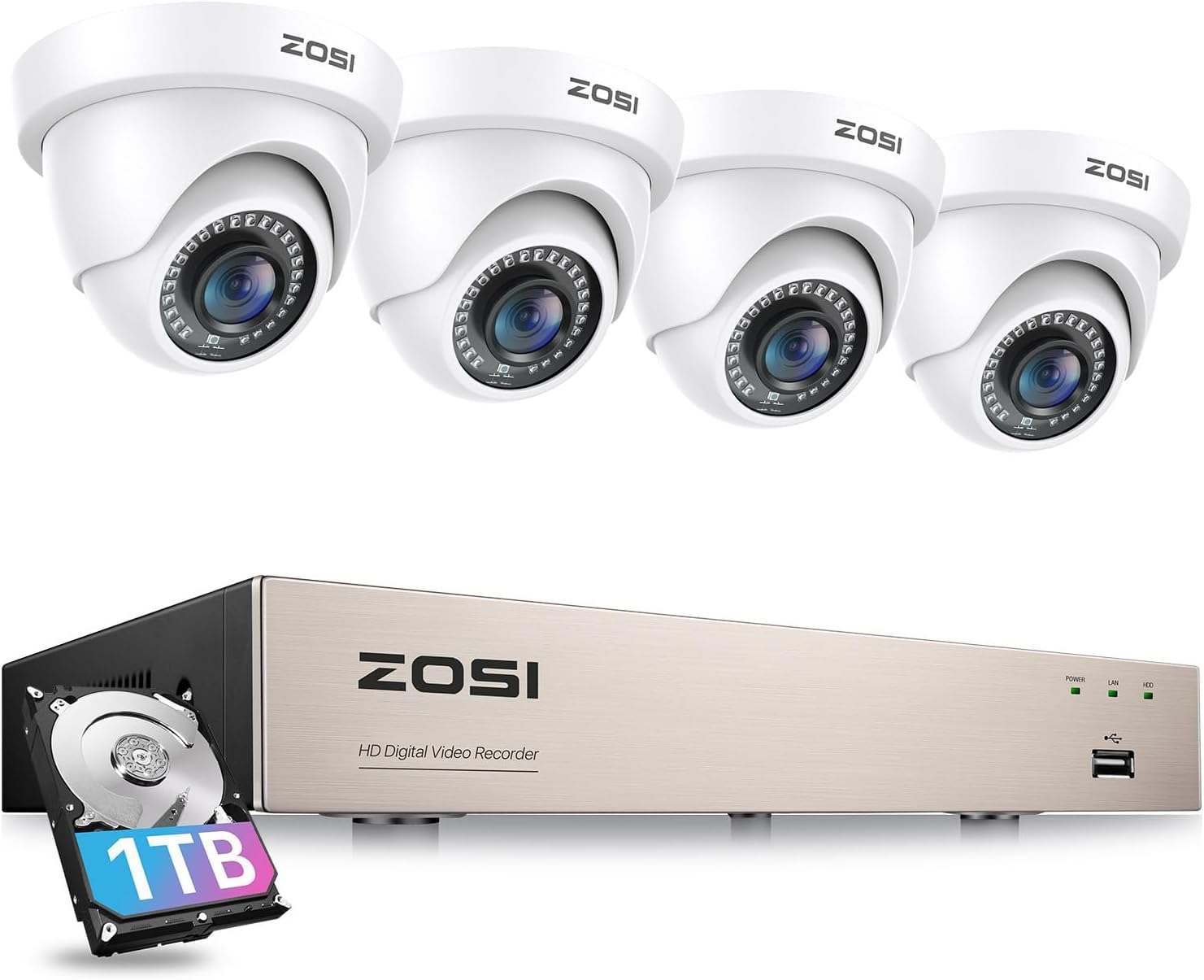 ZOSI 8CH FULL TRUE 1080P HD-TVI DVR Recorder HDMI With 4X 1980TVL Indoor outdoor Surveillance Security Dome Camera System 1TB hard Disk -65feet Night Vision -IR Cut built in -Quick Remote Access