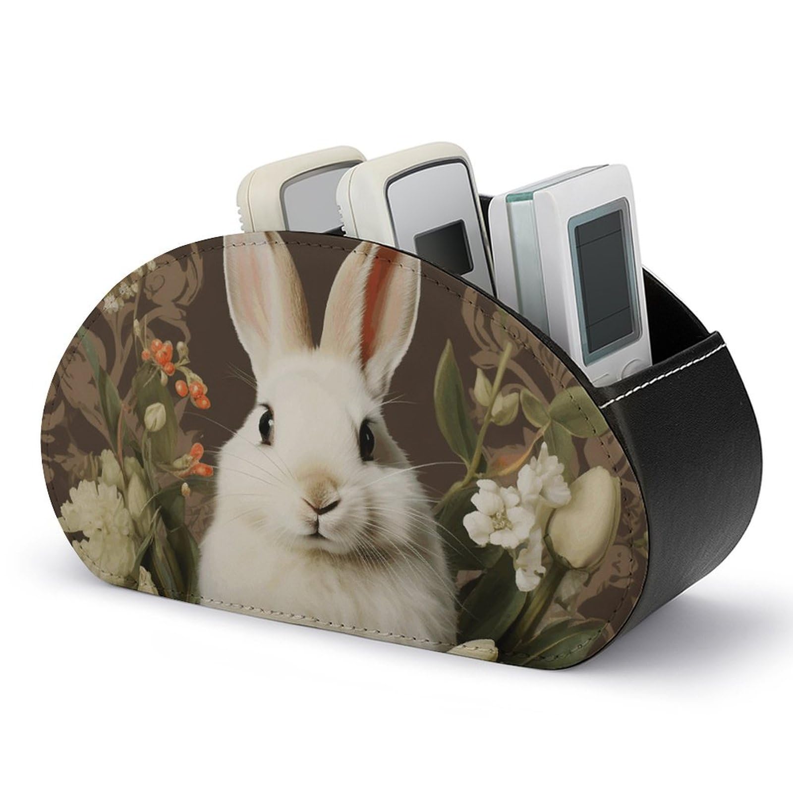 JTREHY PU Leather Remote Control Holder, A Beautiful White Rabbit Printed Desktop Caddy Storage with 5 Compartments, Fits TV Remotes, Media Controllers, Office Supplies, Makeup Brush