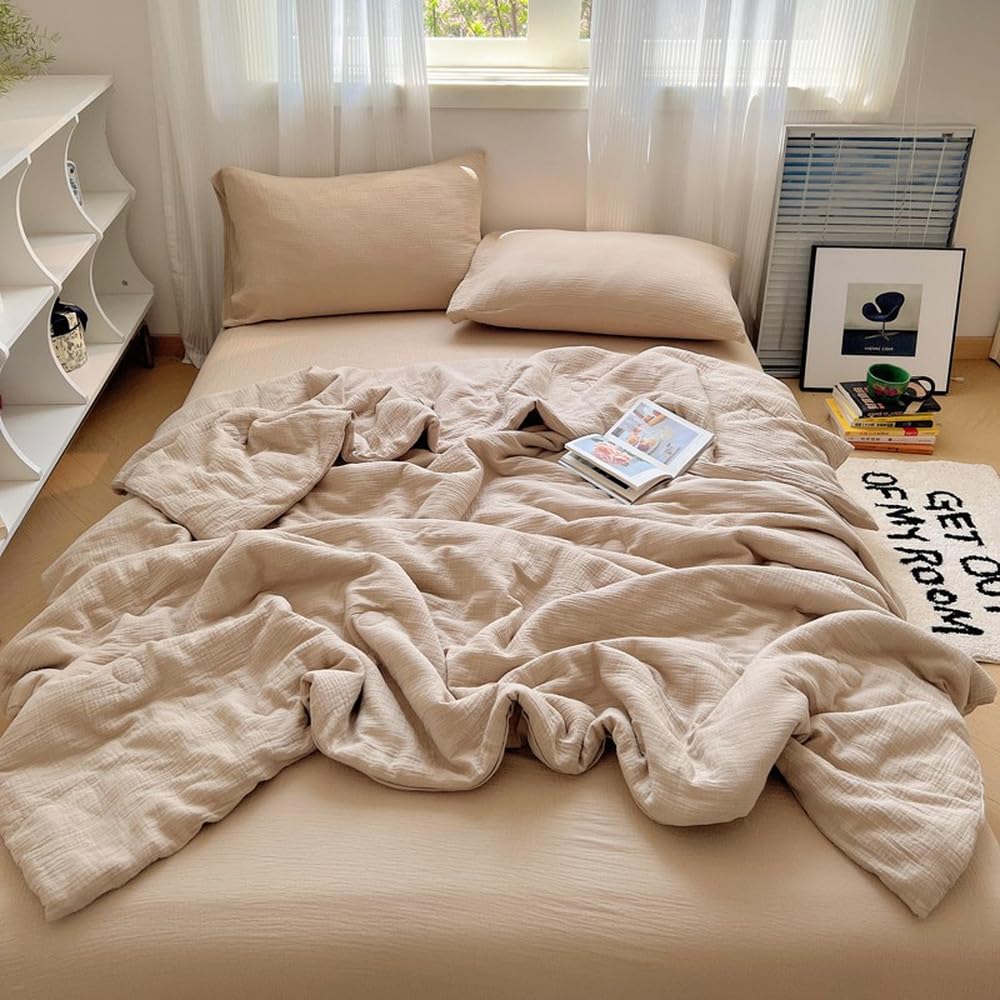 Edredón/Confort de Verano Twin Queen, sábana Plana, 2 Fundas de Almohada, Lino Ultra Suave, Ligeramente Arrugado, Tacto Transpirable, Color 4, 110 x 150 cm, 2 Unidades