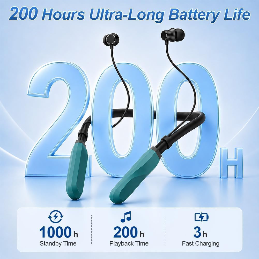 Auriculares Deportivos con Banda para el Cuello 200H de Reproducción, Auriculares Inalámbricos Neckband Bluetooth 5.3, Auriculares in-Ear Inalámbricos IPX6, Magnéticos para Correr, Gimnasio, Trabajo