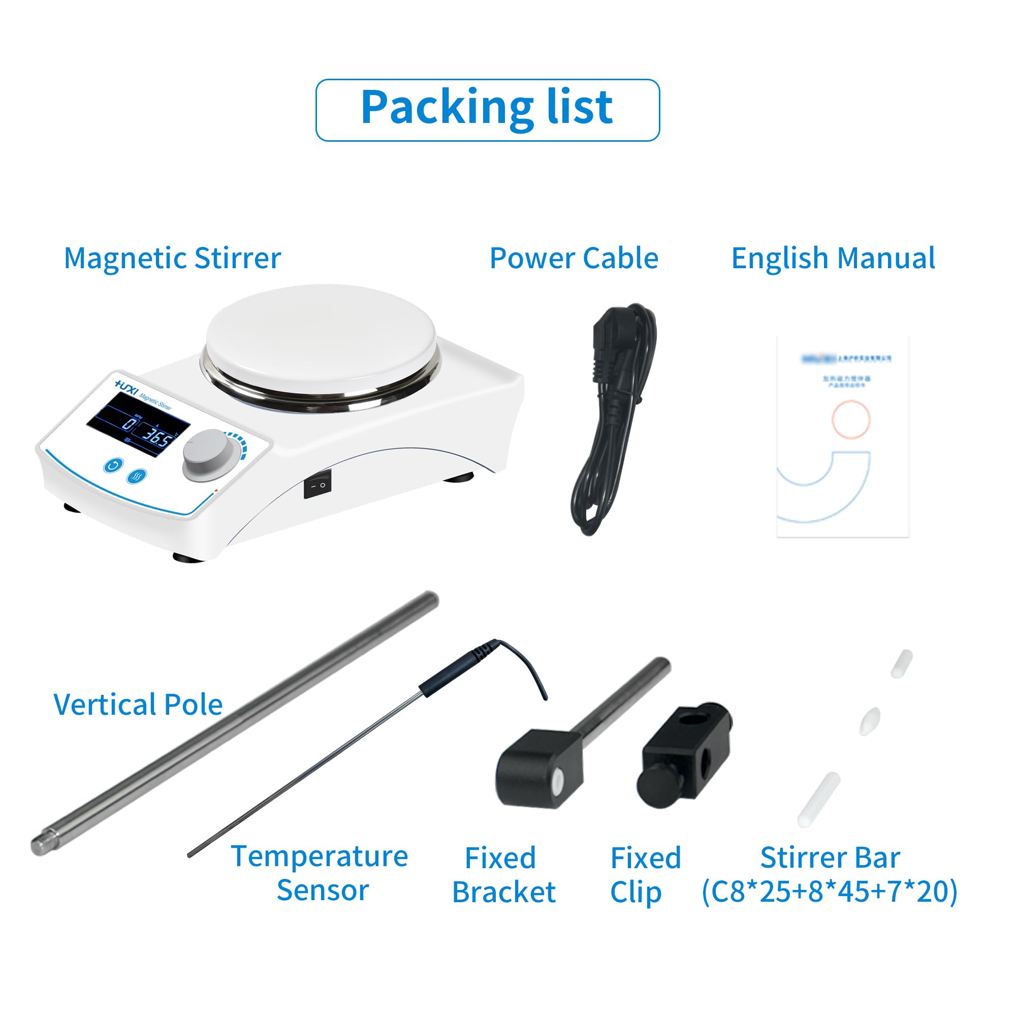 +UXI Agitador magnético con pantalla LCD RT+5 ~ 350º, rango de velocidad 100-2000 rpm, capacidad máxima de procesamiento, 20 L, rango de ajuste de tiempo 0-99h59min con 2 barras de agitación de 110 V